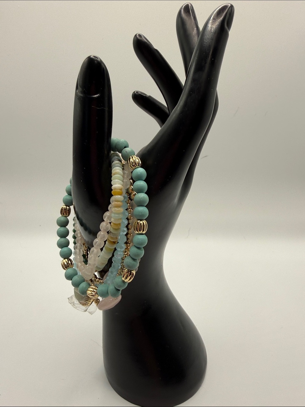 Beaded Multi-Strand Stretch Bracelet Stack in Turquoise and Gold - Women Jewelry